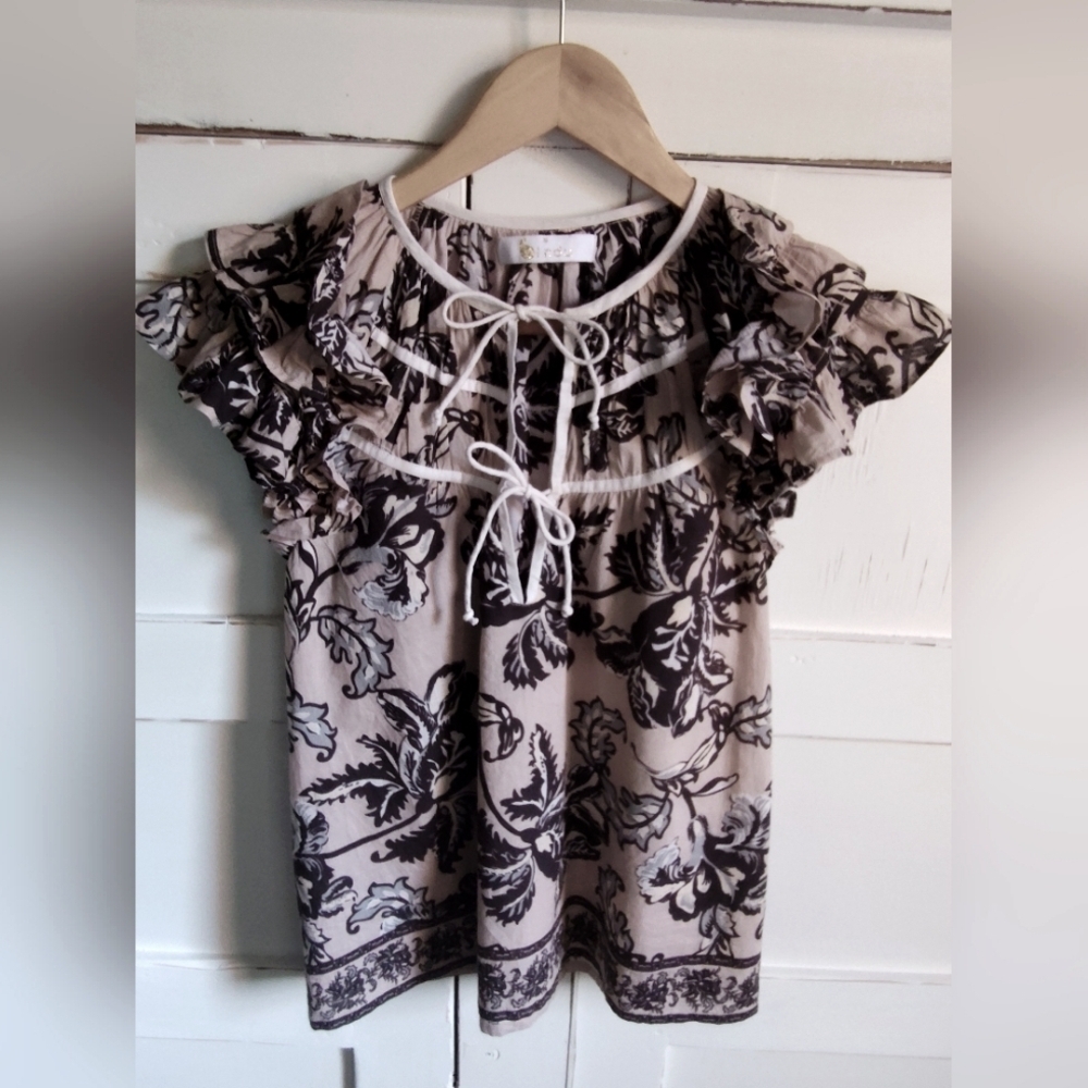 Bindu Women's Boho Beige Black Floral Ruffled Cap Sleeve | Tie Front Top | Small